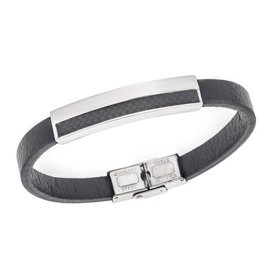 Βραχιόλι Senza Men&#039;s Steel, Black Leather Strap, με ασημί &amp; μαύρο σχέδιο