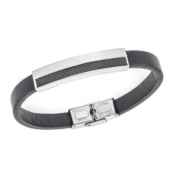 Βραχιόλι Senza Men&#039;s Steel, Black Leather Strap, με ασημί &amp; μαύρο σχέδιο