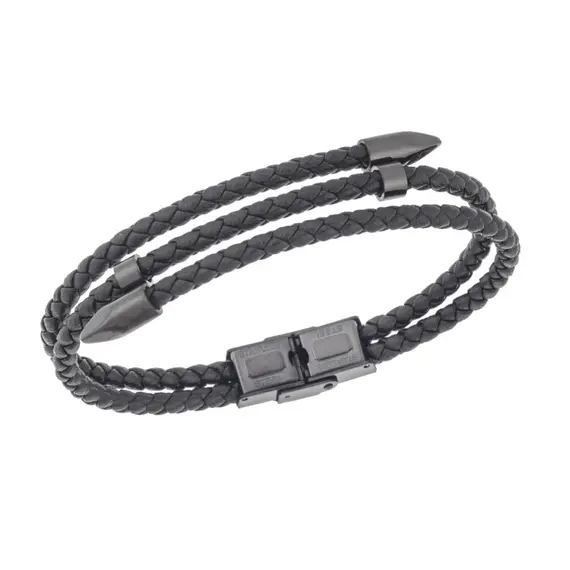 Βραχιόλι Senza Men&#039;s Steel, Black Leather Strap, με μαύρο σχέδιο