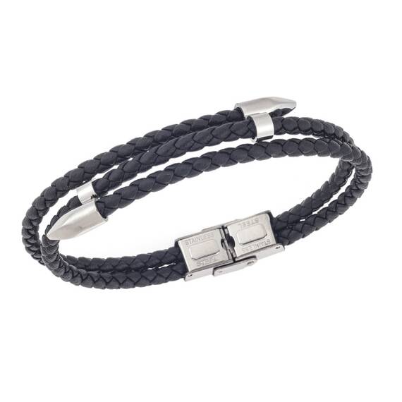 Βραχιόλι Senza Men&#039;s Steel, Black Leather Strap, με ασημί &amp; μαύρο σχέδιο