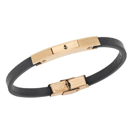 Βραχιόλι Senza Men&#039;s Gold Plated Steel, Black Leather Strap, χρυσό σχέδιο με άγκυρα