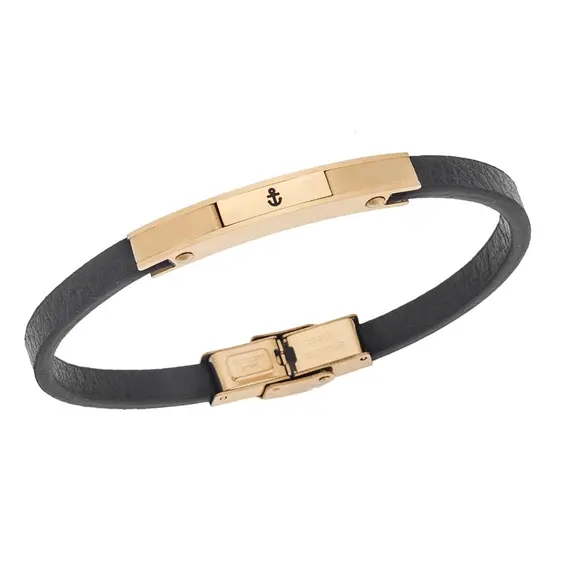 Βραχιόλι Senza Men&#039;s Gold Plated Steel, Black Leather Strap, χρυσό σχέδιο με άγκυρα