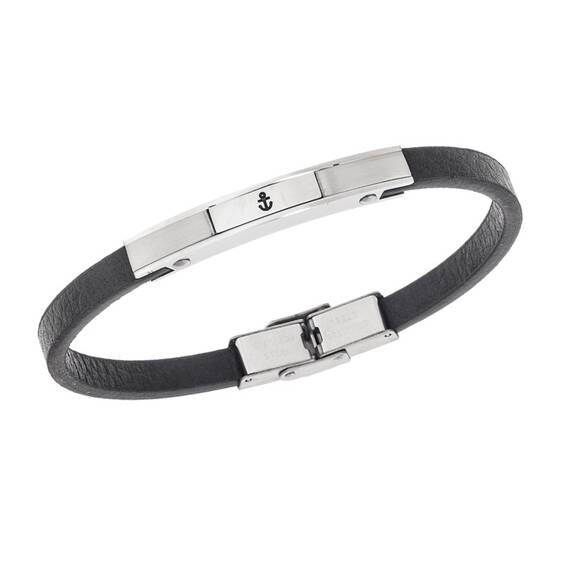 Βραχιόλι Senza Men&#039;s Steel, Black Leather Strap, ασημί σχέδιο με άγκυρα
