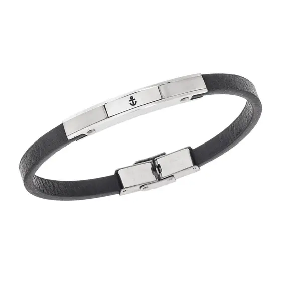 Βραχιόλι Senza Men&#039;s Steel, Black Leather Strap, ασημί σχέδιο με άγκυρα