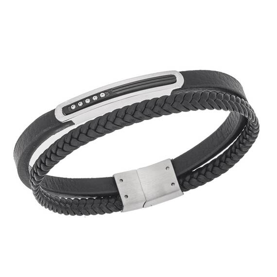 Βραχιόλι Senza Men&#039;s Steel, Black Leather Strap, ασημί &amp; μαύρη πλακέτα με πέτρες