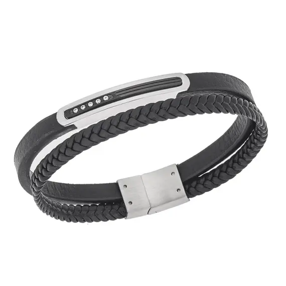 Βραχιόλι Senza Men&#039;s Steel, Black Leather Strap, ασημί &amp; μαύρη πλακέτα με πέτρες