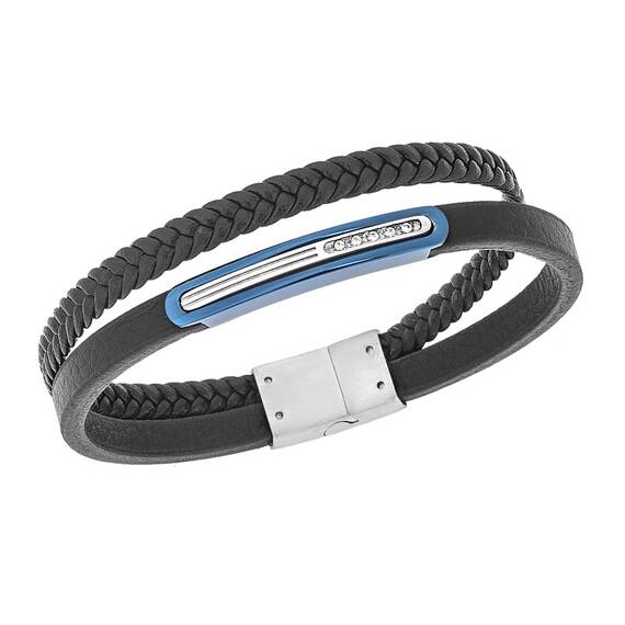 Βραχιόλι Senza Men&#039;s Steel, Black Leather Strap, ασημί &amp; μπλε πλακέτα με πέτρες