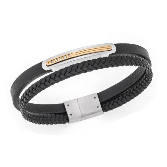 Βραχιόλι Senza Men&#039;s Steel, Black Leather Strap, ασημί &amp; χρυσή πλακέτα με πέτρες