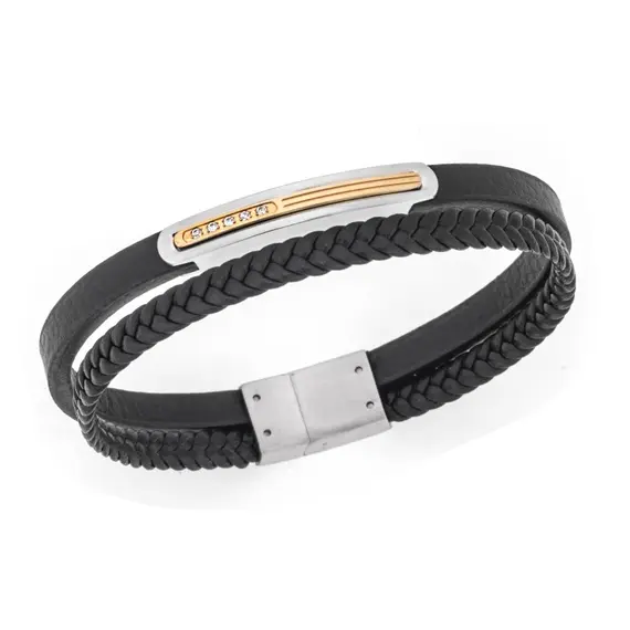 Βραχιόλι Senza Men&#039;s Steel, Black Leather Strap, ασημί &amp; χρυσή πλακέτα με πέτρες