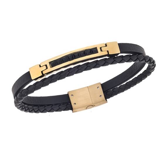 Βραχιόλι Senza Men&#039;s Steel, Black Leather Strap, χρυσή πλακέτα με μαύρες πέτρες