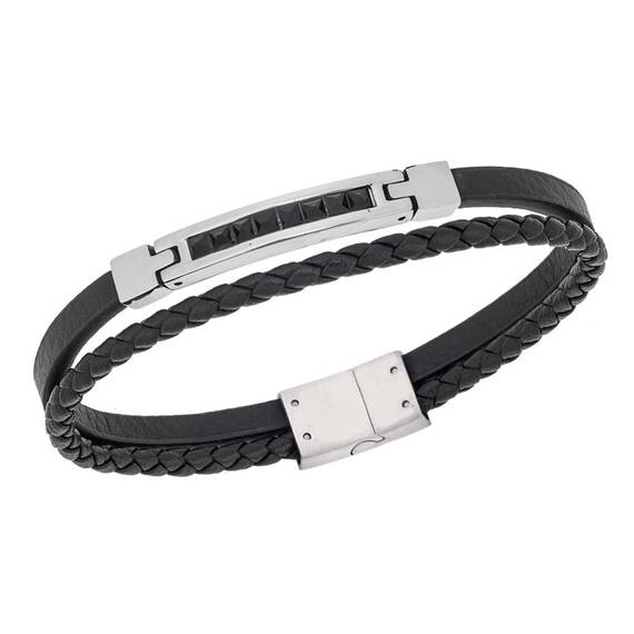 Βραχιόλι Senza Men&#039;s Steel, Black Leather Strap, ασημί πλακέτα με μαύρες πέτρες