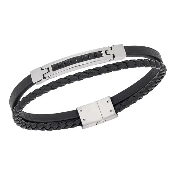 Βραχιόλι Senza Men&#039;s Steel, Black Leather Strap, ασημί πλακέτα με μαύρες πέτρες
