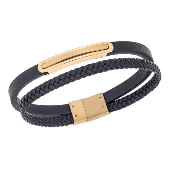Βραχιόλι διπλό Senza Men&#039;s Gold Plated Steel, Black Leather Strap, με χρυσή ταυτότητα