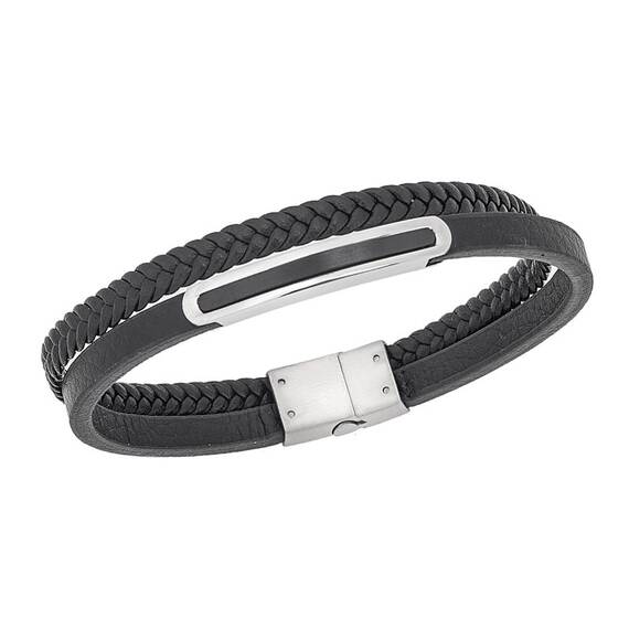 Βραχιόλι διπλό Senza Men&#039;s Steel, Black Leather Strap, με δίχρωμη ταυτότητα