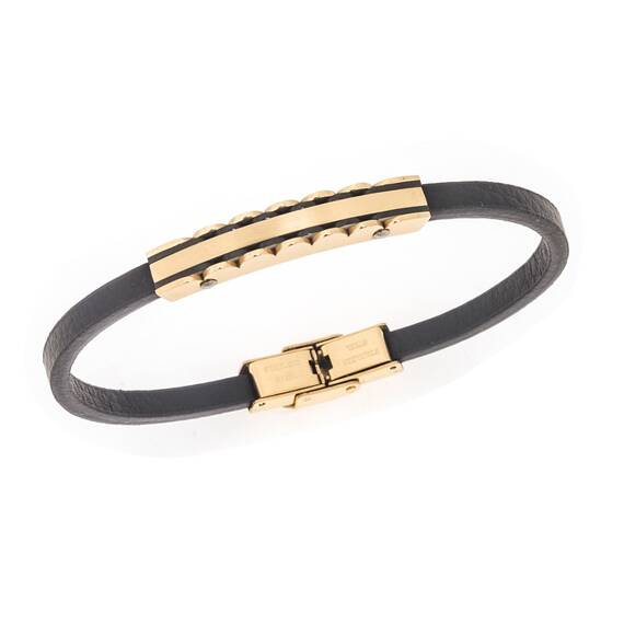 Βραχιόλι Senza Men&#039;s Gold Plated Steel, Black Leather Strap, με χρυσή ταυτότητα