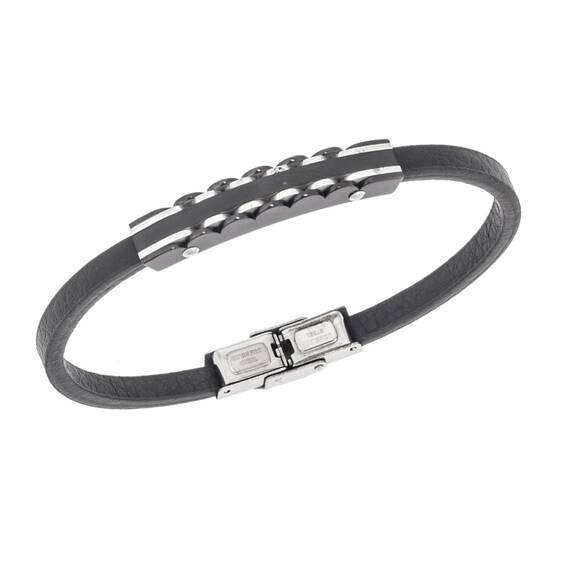 Βραχιόλι Senza Men&#039;s Steel, Black Leather Strap, με μαύρη ταυτότητα