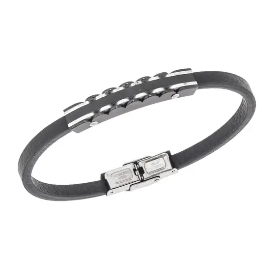Βραχιόλι Senza Men&#039;s Steel, Black Leather Strap, με μαύρη ταυτότητα