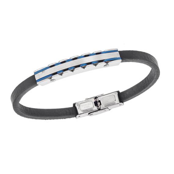 Βραχιόλι Senza Men&#039;s Steel, Black Leather Strap, με ασημί ταυτότητα