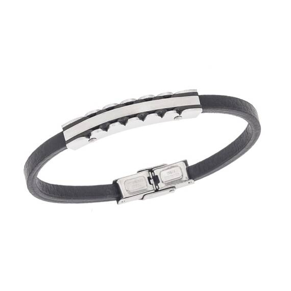 Βραχιόλι Senza Men&#039;s Steel, Black Leather Strap, με χρυσή ταυτότητα