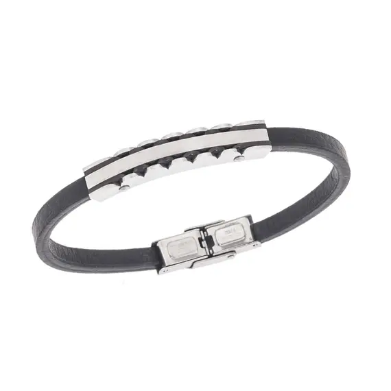 Βραχιόλι Senza Men&#039;s Steel, Black Leather Strap, με χρυσή ταυτότητα