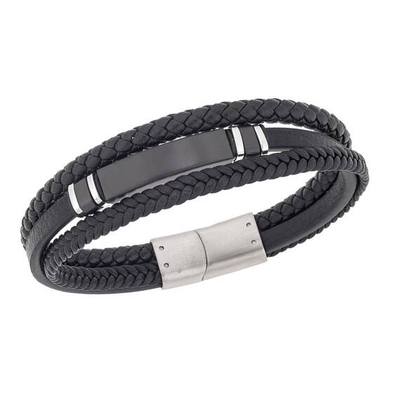 Βραχιόλι τριπλό Senza Men&#039;s Steel, Black Leather Strap, με μαύρη ταυτότητα