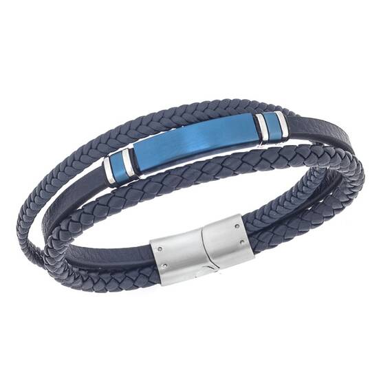 Βραχιόλι τριπλό Senza Men&#039;s Steel, Blue Leather Strap, με μπλε ταυτότητα