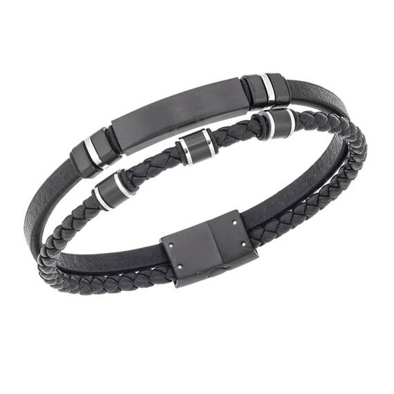 Βραχιόλι διπλό Senza Men&#039;s Steel, BLack Leather Strap, με μαύρη ταυτότητα και μαύρα / ασημί στοιχεία
