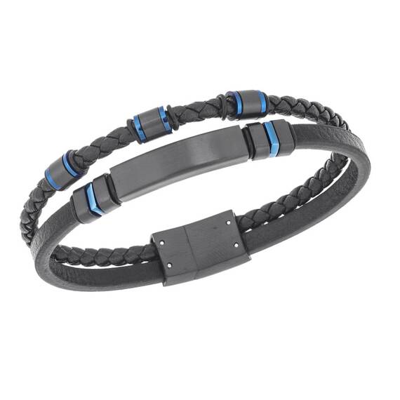 Βραχιόλι διπλό Senza Men&#039;s Steel, Black Leather Strap, με μαύρη ταυτότητα και μαύρα / μπλε στοιχεία