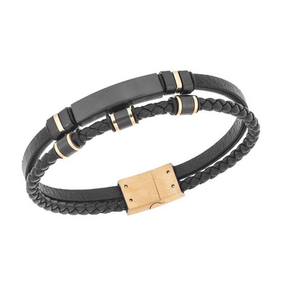 Βραχιόλι διπλό Senza Men&#039;s Steel, Black Leather Strap, με μαύρη ταυτότητα και μαύρα / χρυσά στοιχεία
