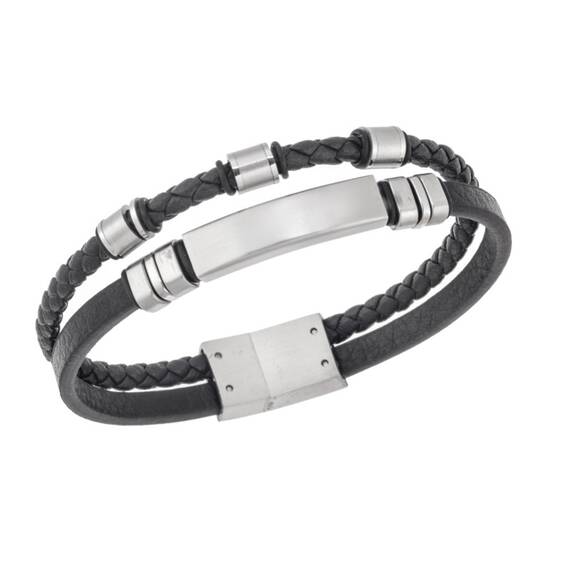Βραχιόλι διπλό Senza Men&#039;s Steel, Black Leather Strap, με ασημί ταυτότητα και ασημί στοιχεία