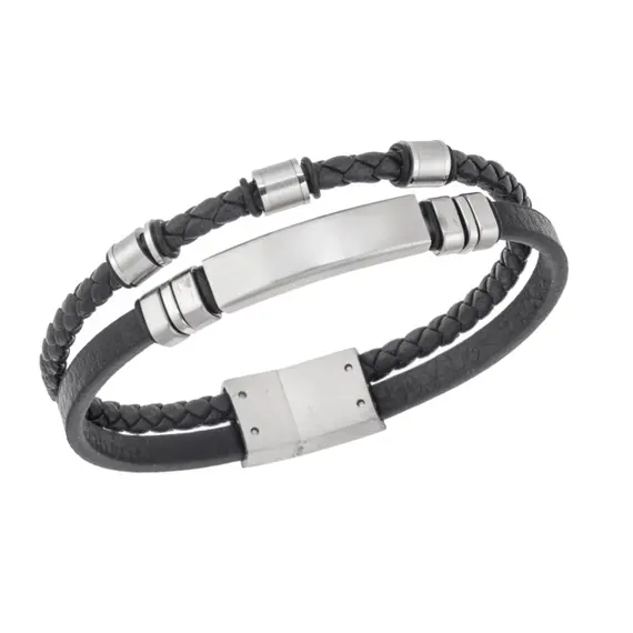 Βραχιόλι διπλό Senza Men&#039;s Steel, Black Leather Strap, με ασημί ταυτότητα και ασημί στοιχεία