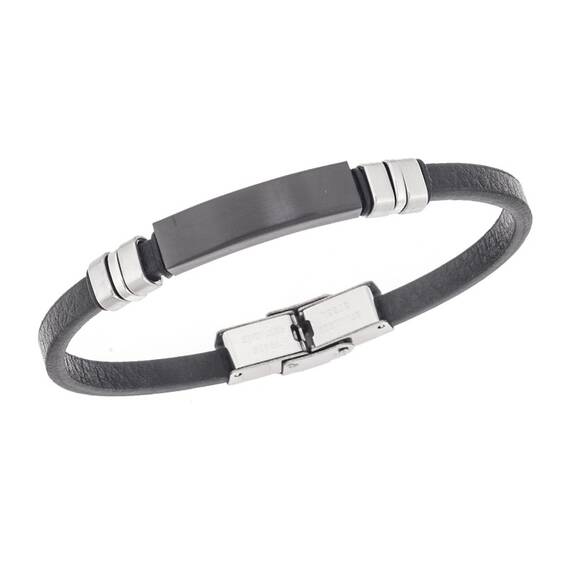 Βραχιόλι Senza Men&#039;s Steel, Βlack Leather Strap, με μαύρη ταυτότητα και ασημί / μαύρα στοιχεία