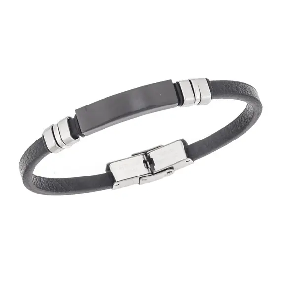 Βραχιόλι Senza Men&#039;s Steel, Βlack Leather Strap, με μαύρη ταυτότητα και ασημί / μαύρα στοιχεία