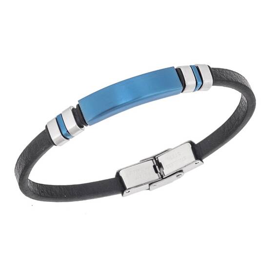 Βραχιόλι Senza Men&#039;s Steel, Βlack Leather Strap, με μπλε ταυτότητα και ασημί / μπλε στοιχεία