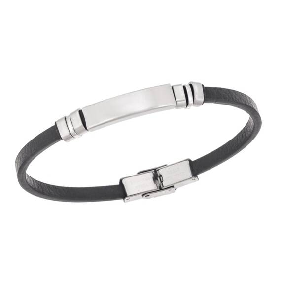 Βραχιόλι Senza Men&#039;s Steel, Βlack Leather Strap, με ασημί ταυτότητα και ασημί στοιχεία