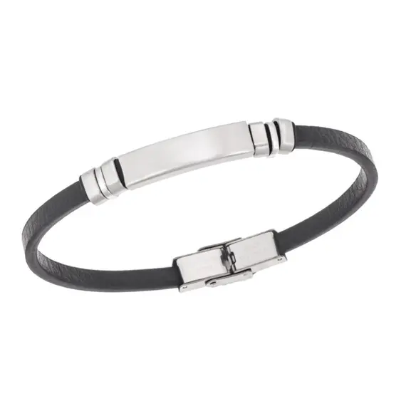 Βραχιόλι Senza Men&#039;s Steel, Βlack Leather Strap, με ασημί ταυτότητα και ασημί στοιχεία