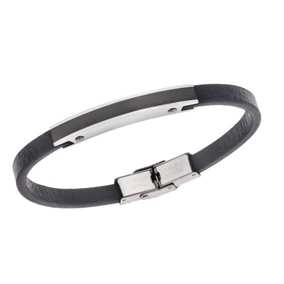 Βραχιόλι Senza Men&#039;s Steel, Βlack Leather Strap, με ασημί &amp; μαύρη ταυτότητα