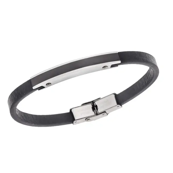 Βραχιόλι Senza Men&#039;s Steel, Βlack Leather Strap, με ασημί &amp; μαύρη ταυτότητα