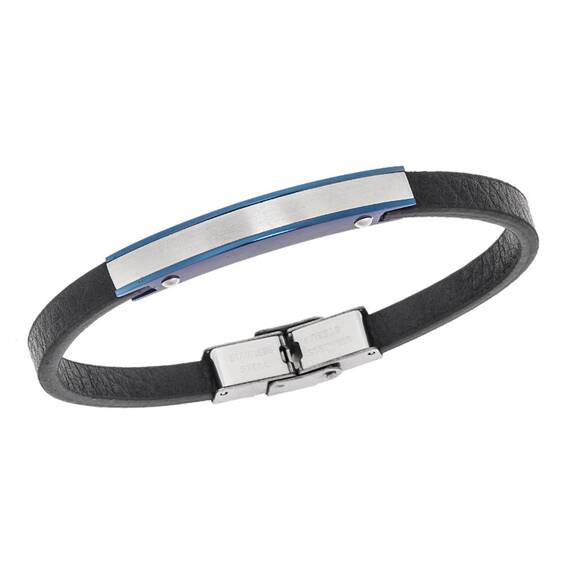 Βραχιόλι Senza Men&#039;s Steel, Βlack Leather Strap, με ασημί &amp; μπλε ταυτότητα
