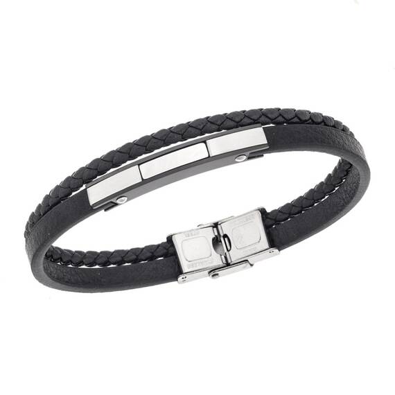 Βραχιόλι διπλό Senza Men&#039;s Steel, Βlack Leather Strap, με ασημί &amp; μαύρη ταυτότητα