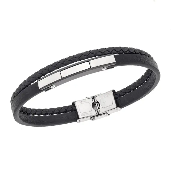 Βραχιόλι διπλό Senza Men&#039;s Steel, Βlack Leather Strap, με ασημί &amp; μαύρη ταυτότητα