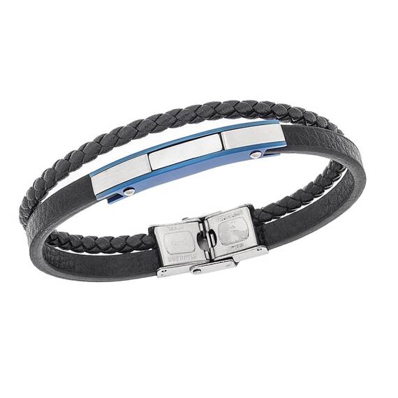 Βραχιόλι διπλό Senza Men&#039;s Steel, Βlack Leather Strap, με ασημί &amp; μπλε ταυτότητα