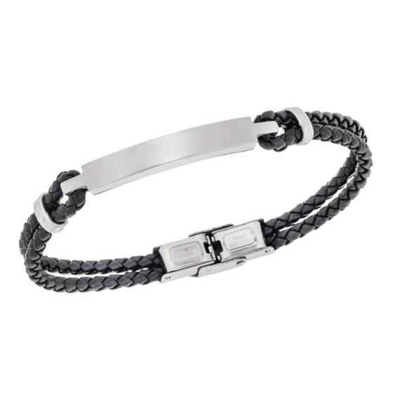 Βραχιόλι Senza Men&#039;s Steel, Βlack Leather Strap, με ασημί ταυτότητα