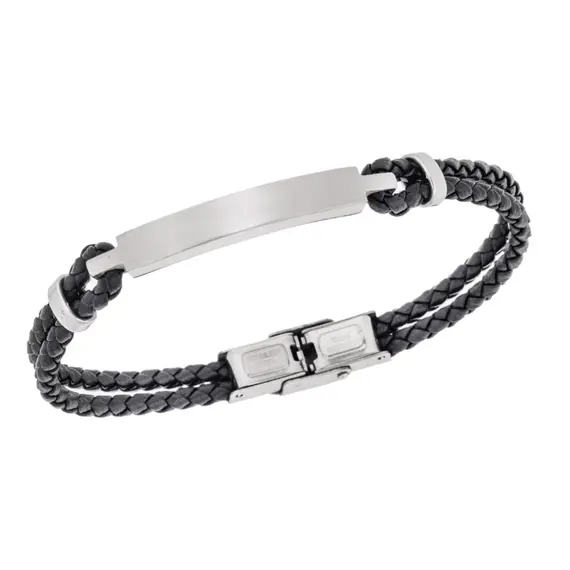 Βραχιόλι Senza Men&#039;s Steel, Βlack Leather Strap, με ασημί ταυτότητα