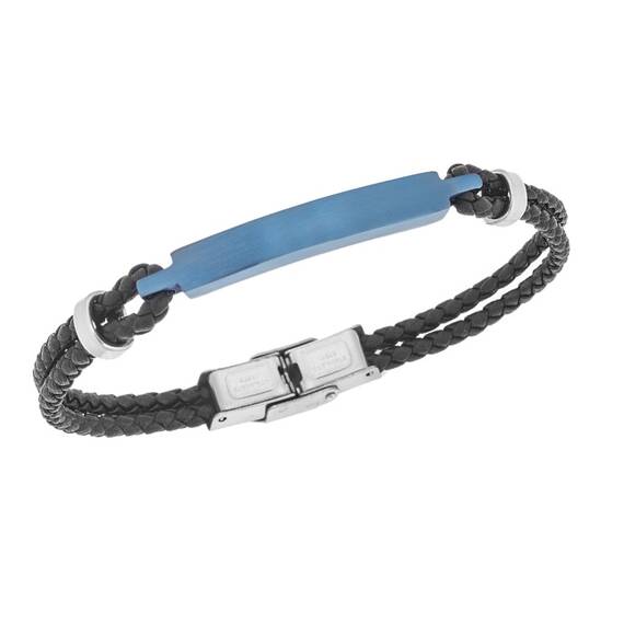 Βραχιόλι Senza Men&#039;s Steel, Βlack Leather Strap, με μπλε ταυτότητα