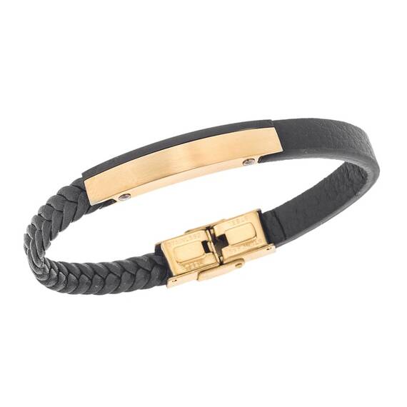 Βραχιόλι Senza Men&#039;s Steel, Βlack Leather Strap, με χρυσή ταυτότητα