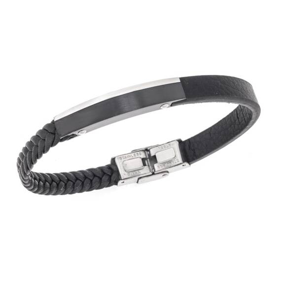 Βραχιόλι Senza Men&#039;s Steel, Βlack Leather Strap, με μαύρη &amp; ασημί ταυτότητα