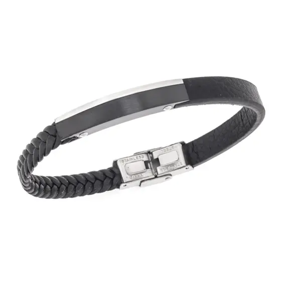 Βραχιόλι Senza Men&#039;s Steel, Βlack Leather Strap, με μαύρη &amp; ασημί ταυτότητα
