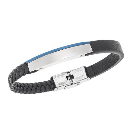 Βραχιόλι Senza Men&#039;s Steel, Βlack Leather Strap, με μπλε &amp; ασημί ταυτότητα