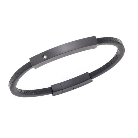 Βραχιόλι Senza Men&#039;s Steel, Βlack Leather Strap, με μαύρη ταυτότητα και πέτρα